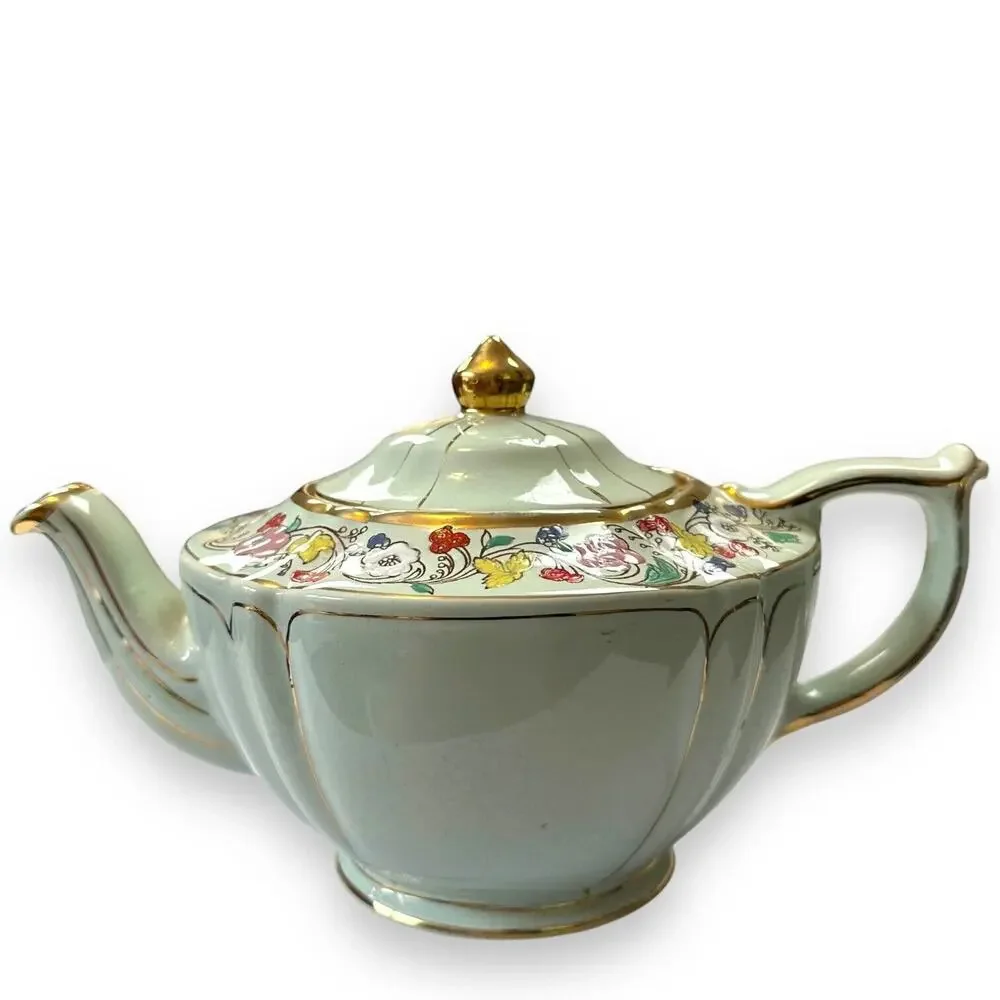 Sadler Teapot Vintage Made In England Green and Gold Guilded Floral Pattern